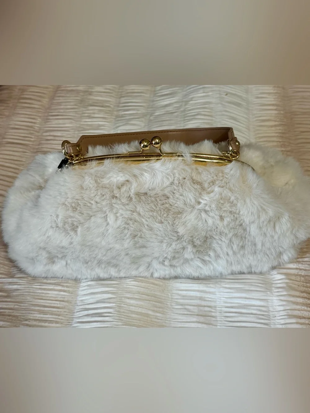 Baby Phat Cream Faux Fur Chain Charm Clutch with Gold Accents
